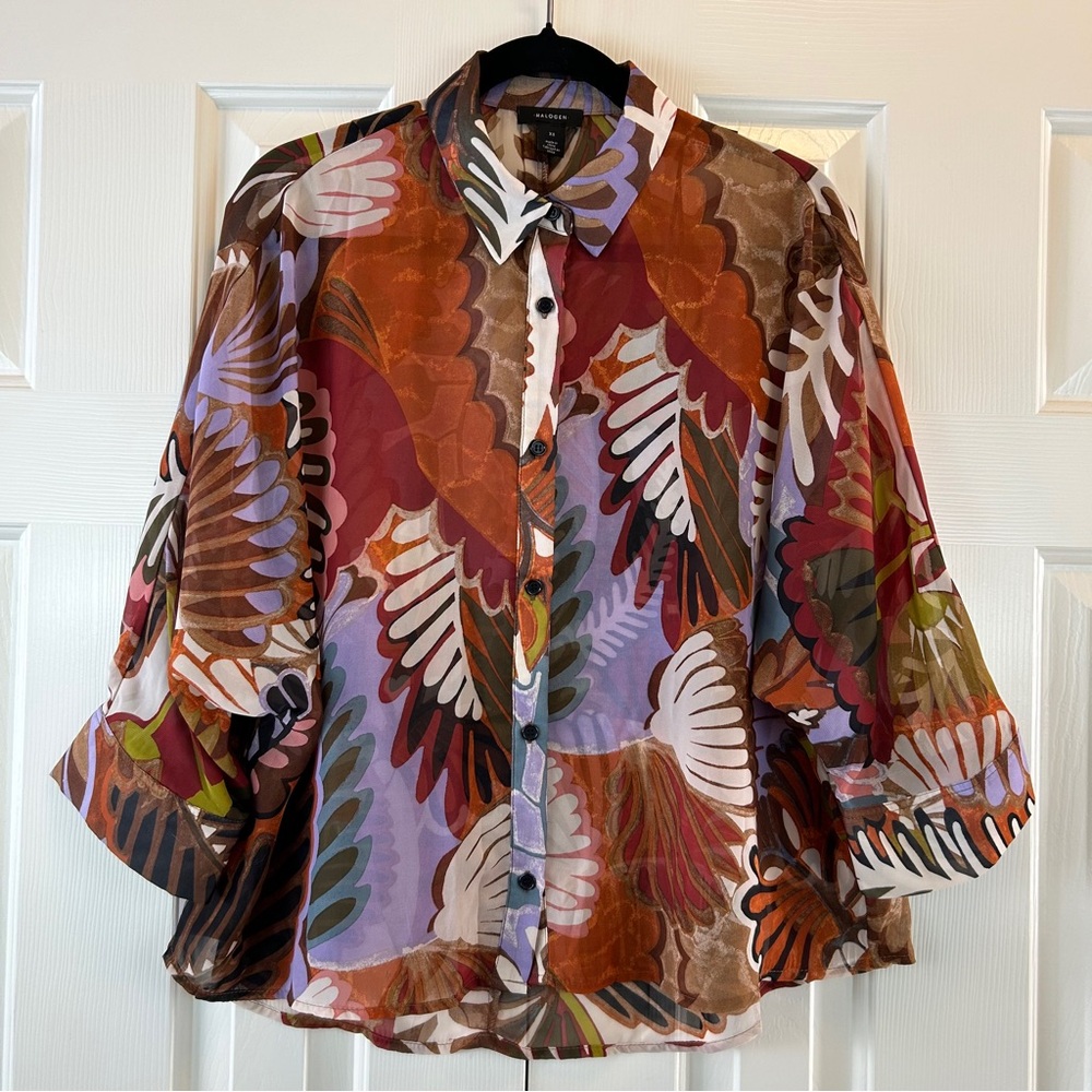 Halogen Tropical Floral Button Down Blouse Top